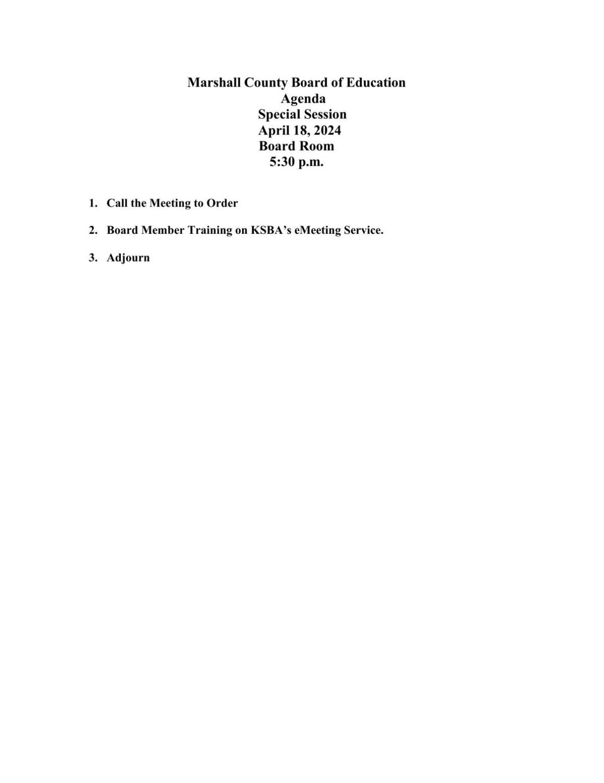 Marshall county board of education special meeting agenda