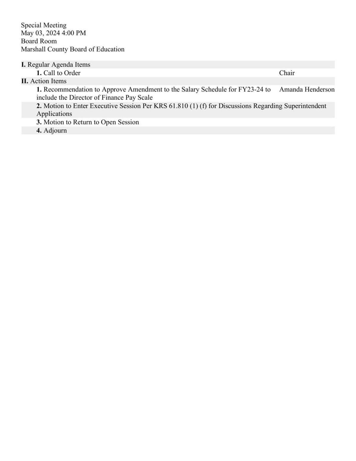 Marshall County Board of Education meeting agenda